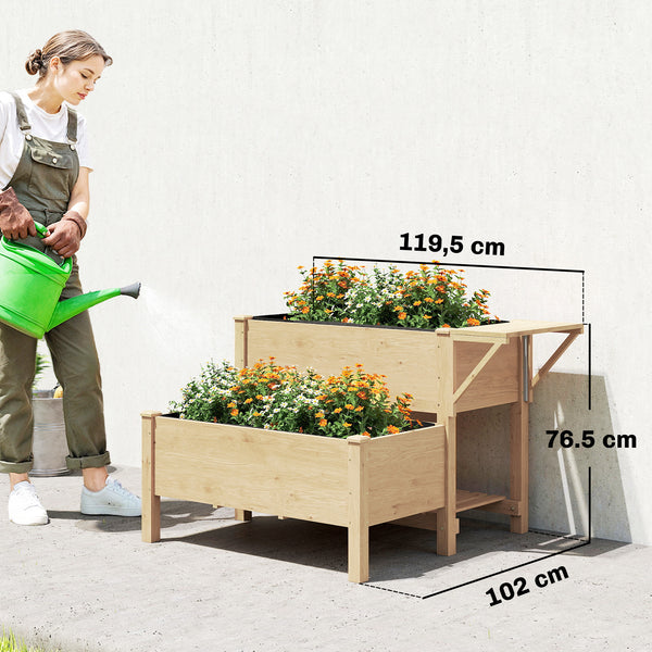 Potager sur Pieds à 2 niveaux, Jardinières surélevées avec étagères en bois avec doublure et trous de drainage pour fleurs et légumes, 119,5 x 102 x 76,5 cm, marron clair