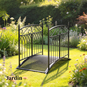 Pont de Jardin en Métal Style Baroque - Passerelle Décorative avec Garde-Corps 91cm et Charge 100kg - Pont d'Extérieur 135cm Antirouille pour Bassin Étang Ruisseau et Jardin Japonais, Noir