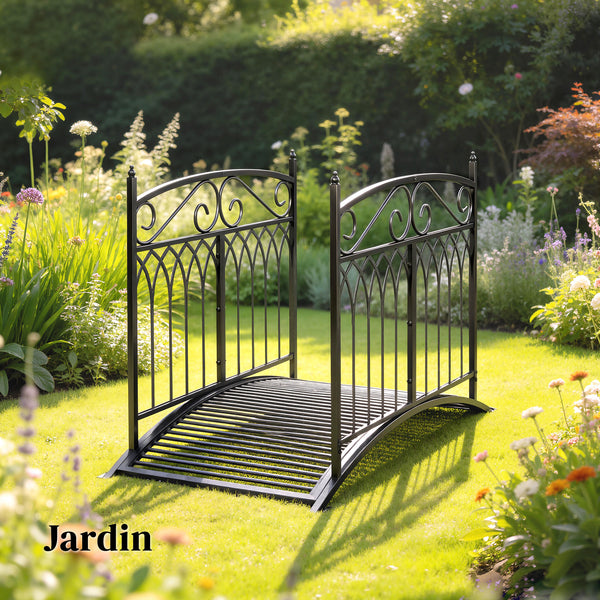 Pont de Jardin en Métal Style Baroque - Passerelle Décorative avec Garde-Corps 91cm et Charge 100kg - Pont d'Extérieur 135cm Antirouille pour Bassin Étang Ruisseau et Jardin Japonais, Noir