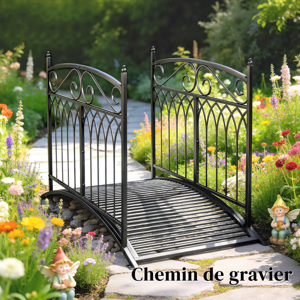 Pont de Jardin en Métal Style Baroque - Passerelle Décorative avec Garde-Corps 91cm et Charge 100kg - Pont d'Extérieur 135cm Antirouille pour Bassin Étang Ruisseau et Jardin Japonais, Noir