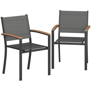 Lot de 2 Chaises de Jardin Empilables, Accoudoirs en WPC, Dossier Haut, Chaise de Salle à Manger Exterieure pour Balcon Terrasse Patio, Métal et Textilène, Gris