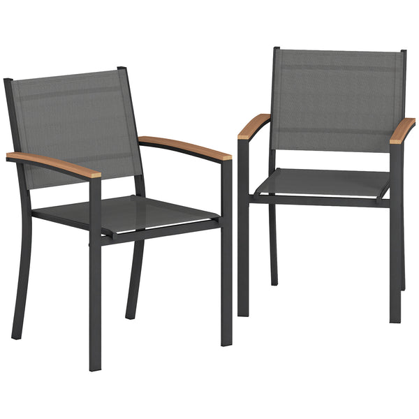 Lot de 2 Chaises de Jardin Empilables, Accoudoirs en WPC, Dossier Haut, Chaise de Salle à Manger Exterieure pour Balcon Terrasse Patio, Métal et Textilène, Gris