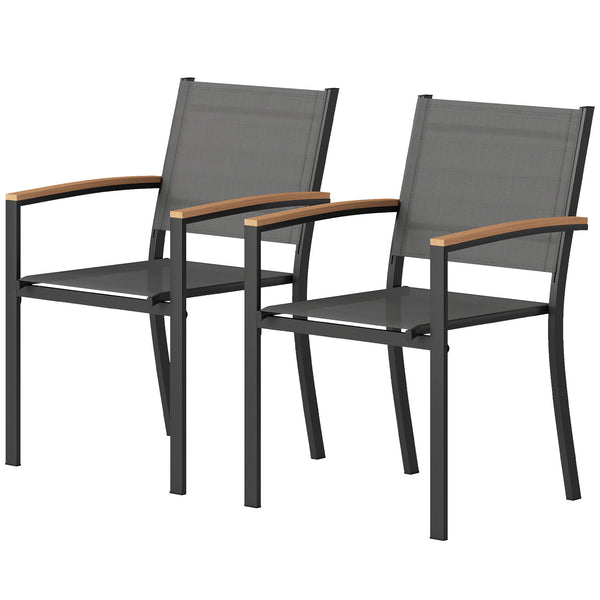 Lot de 2 Chaises de Jardin Empilables, Accoudoirs en WPC, Dossier Haut, Chaise de Salle à Manger Exterieure pour Balcon Terrasse Patio, Métal et Textilène, Gris