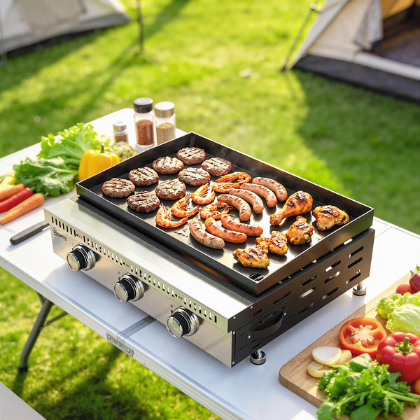 Plancha gaz 9 kW 3 brûleurs en acier inoxydable, surface cuisson 56,5 x 33 cm avec bac de récupération des graisses, propane/butane/GPL, portable pour camping, pique-nique et terrasse, noir