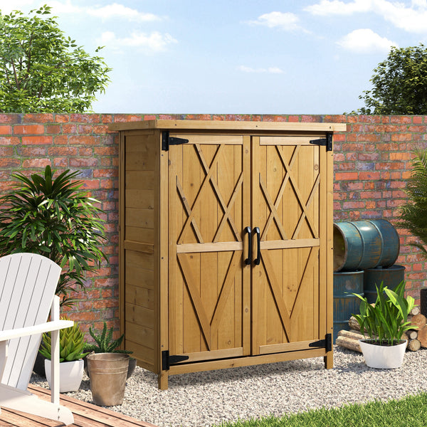 Abri de jardin Armoire de jardin pour outils 75L x 40l x 90H cm 3 étagères 2 portes Toit en asphalte imperméable Bois de sapin jaune