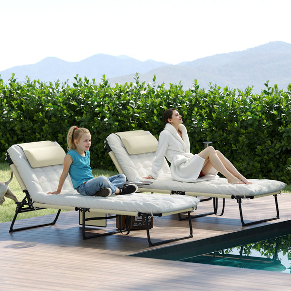 Lot de 2 transats bains de soleil pliable avec dossier inclinable 4 positions - appui-tête et Matelas épais ultra confortable - tissu textilène et acier, beige