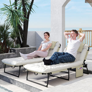 Lot de 2 transats bains de soleil pliable avec dossier inclinable 4 positions - appui-tête et Matelas épais ultra confortable - tissu textilène et acier, beige