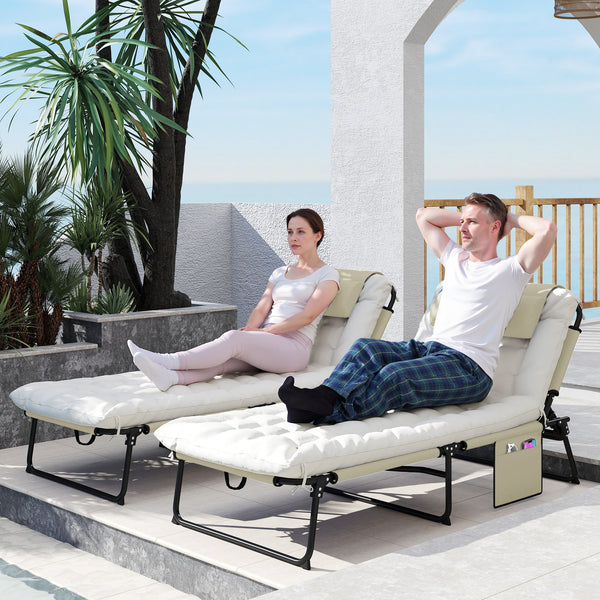 Lot de 2 transats bains de soleil pliable avec dossier inclinable 4 positions - appui-tête et Matelas épais ultra confortable - tissu textilène et acier, beige