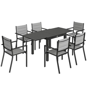 Ensemble de Salle à Manger Extérieur 7 Pièces, Table et Chaises de Patio en Aluminium pour 6 Personnes avec Table Extensible et Chaises Empilables, Résistant aux Intempéries, Gris
