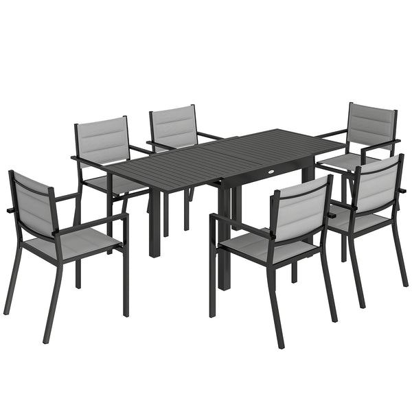 Ensemble de Salle à Manger Extérieur 7 Pièces, Table et Chaises de Patio en Aluminium pour 6 Personnes avec Table Extensible et Chaises Empilables, Résistant aux Intempéries, Gris