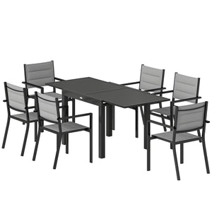 Ensemble de Salle à Manger Extérieur 7 Pièces, Table et Chaises de Patio en Aluminium pour 6 Personnes avec Table Extensible et Chaises Empilables, Résistant aux Intempéries, Gris