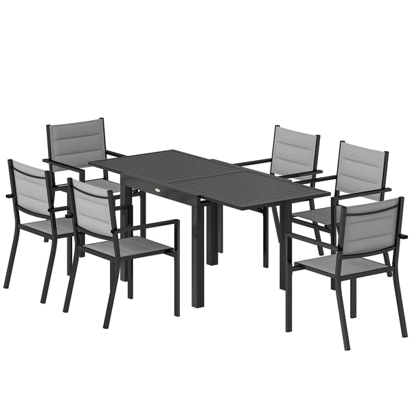 Ensemble de Salle à Manger Extérieur 7 Pièces, Table et Chaises de Patio en Aluminium pour 6 Personnes avec Table Extensible et Chaises Empilables, Résistant aux Intempéries, Gris