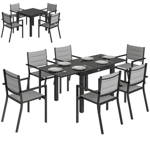 Ensemble de Salle à Manger Extérieur 7 Pièces, Table et Chaises de Patio en Aluminium pour 6 Personnes avec Table Extensible et Chaises Empilables, Résistant aux Intempéries, Gris