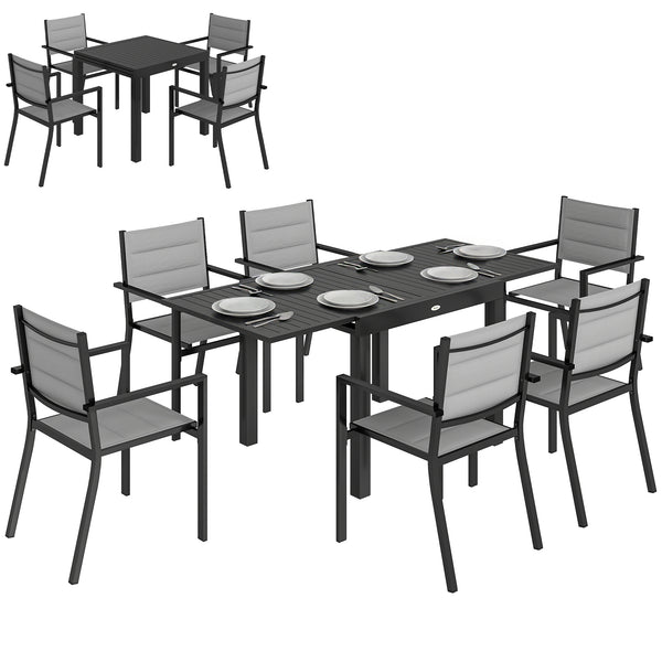 Ensemble de Salle à Manger Extérieur 7 Pièces, Table et Chaises de Patio en Aluminium pour 6 Personnes avec Table Extensible et Chaises Empilables, Résistant aux Intempéries, Gris