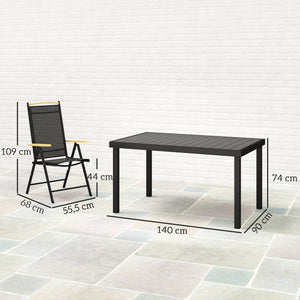 Salon de jardin extérieur 6 personnes, table de jardin extérieure avec 6 chaises, cadre en aluminium, table 140 CM, chaises pliables et inclinables, mobilier de terrasse, patio, noir