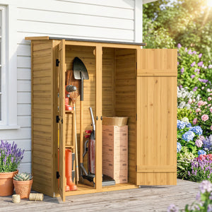 Abri de Rangement en Bois, Cabane de Jardin avec 2 Étagères, Double Portes et Loquets, Armoire à Outils avec Toit Incliné pour Terrasse, Jardin, Garage, Marron