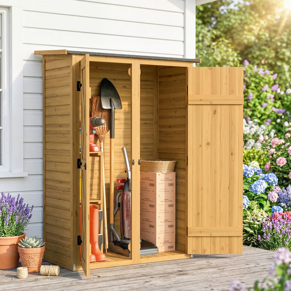Abri de Rangement en Bois, Cabane de Jardin avec 2 Étagères, Double Portes et Loquets, Armoire à Outils avec Toit Incliné pour Terrasse, Jardin, Garage, Marron
