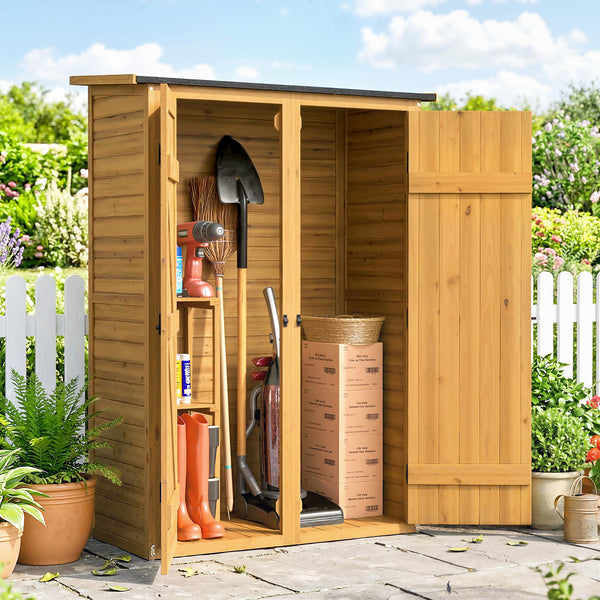 Abri de Rangement en Bois, Cabane de Jardin avec 2 Étagères, Double Portes et Loquets, Armoire à Outils avec Toit Incliné pour Terrasse, Jardin, Garage, Marron