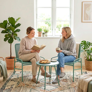 Salon de Jardin Extérieur 3 Pièces en Résine Tressée, Table de Jardin Ronde avec 2 Chaises, Pieds Ajustables, Cadre en Acier Galvanisé, Mobilier de Jardin pour Balcon Terrasse Patio, Vert