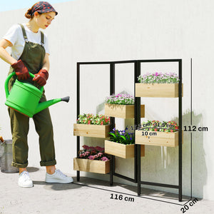 Séparateur de pièce avec 6 bacs à plantes, paravent extérieur pliable à 3 panneaux avec trou de drainage et doublure, pour l'intérieur et l'extérieur, patio, balcon, salon, bois naturel