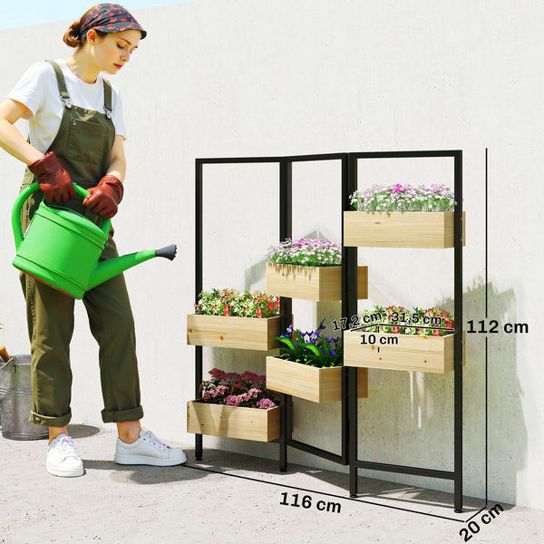 Séparateur de pièce avec 6 bacs à plantes, paravent extérieur pliable à 3 panneaux avec trou de drainage et doublure, pour l'intérieur et l'extérieur, patio, balcon, salon, bois naturel