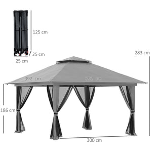 Tonnelle de jardin extérieur barnum de jardin pop-up tente pliant 4 x 4 m double toit protection UV 50+ 4 moustiquaires, 4 sacs de sable, 1 sac de transport tissu Oxford métal gris