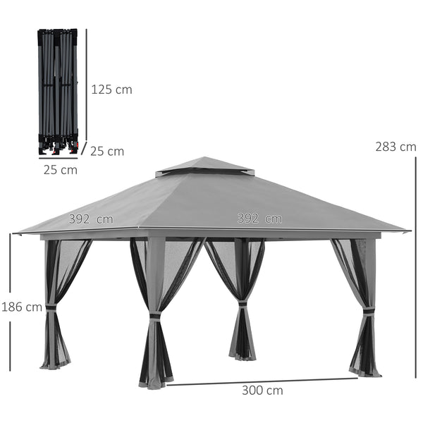 Tonnelle de jardin extérieur barnum de jardin pop-up tente pliant 4 x 4 m double toit protection UV 50+ 4 moustiquaires, 4 sacs de sable, 1 sac de transport tissu Oxford métal gris