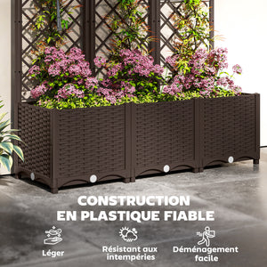 Jardinière avec treillis, lit surélevé de jardin, jardinière extérieure avec 8 trous de drainage, réservoirs d'eau, bac à fleurs pour balcon terrasse patio, 120 x 40 x 135 cm, marron