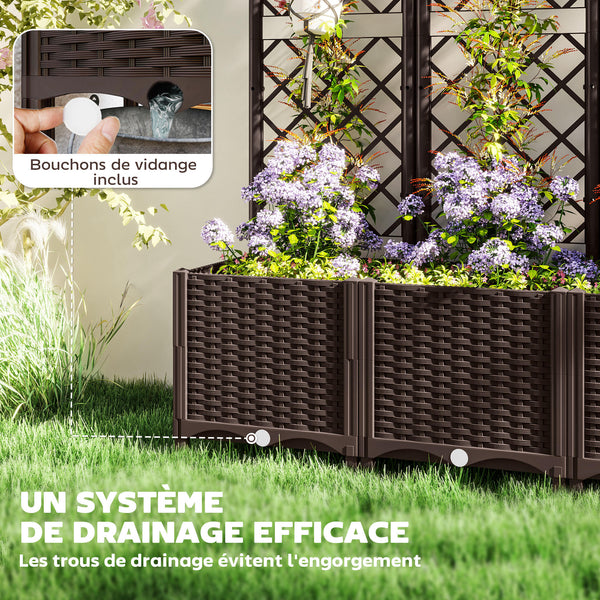 Jardinière avec treillis, lit surélevé de jardin, jardinière extérieure avec 8 trous de drainage, réservoirs d'eau, bac à fleurs pour balcon terrasse patio, 120 x 40 x 135 cm, marron