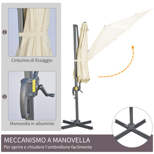 Parasol déporté Ø 3 m octogonal inclinable manivelle avec pied en acier crème