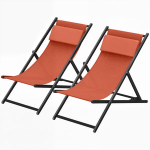 Lot de 2 bain de soleil, chaise longue pliante avec appuie-tête en textilène, transat jardin extérieur inclinable de plage camping piscine terrasse, 60 x 100 x 85 cm, rouge brique