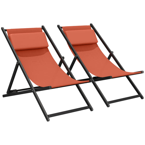 Lot de 2 bain de soleil, chaise longue pliante avec appuie-tête en textilène, transat jardin extérieur inclinable de plage camping piscine terrasse, 60 x 100 x 85 cm, rouge brique