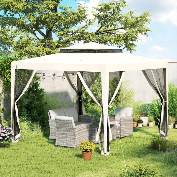 Tonnelle barnum de jardin 3L x 3l m avec 4 moustiquaires amovibles - double toit - crème