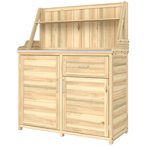 Armoire de Jardin en Bois avec Plan de Travail en Métal Galvanisé - Table de Rempotage avec Tiroir et Étagère - Abri de Jardin Extérieur pour Terrasse Balcon, 100x45x129,5cm, Naturel