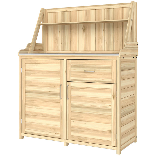 Armoire de Jardin en Bois avec Plan de Travail en Métal Galvanisé - Table de Rempotage avec Tiroir et Étagère - Abri de Jardin Extérieur pour Terrasse Balcon, 100x45x129,5cm, Naturel