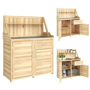 Armoire de Jardin en Bois avec Plan de Travail en Métal Galvanisé - Table de Rempotage avec Tiroir et Étagère - Abri de Jardin Extérieur pour Terrasse Balcon, 100x45x129,5cm, Naturel