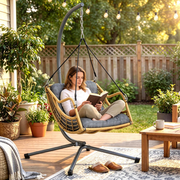 Fauteuil suspendu en résine tressée avec support, chaise suspendue, chaise hamac balançoire, coussin et attache de sécurité, hauteur réglable, cadre en acier, intérieur et extérieur, gris