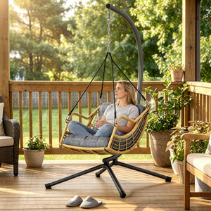 Fauteuil suspendu en résine tressée avec support, chaise suspendue, chaise hamac balançoire, coussin et attache de sécurité, hauteur réglable, cadre en acier, intérieur et extérieur, gris