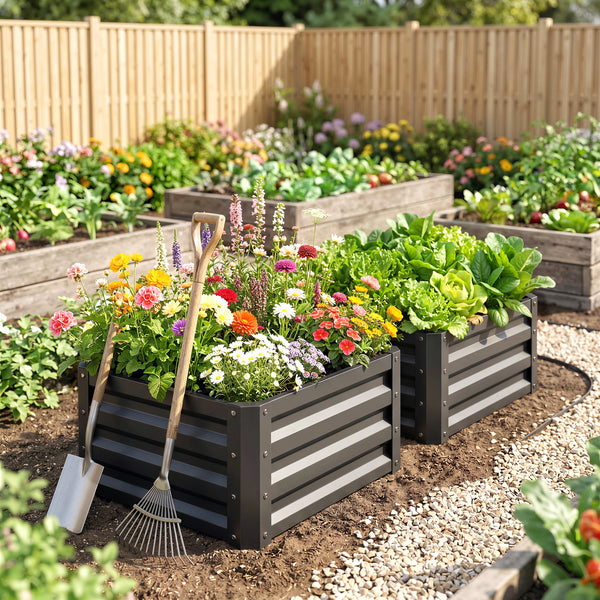 Lot de 2 jardinières surélevées en acier galvanisé 60 x 60 x 30,5 cm, carre potager de jardin pour légumes, fleurs et herbes, gris