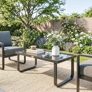 Table Basse de Jardin Rectangulaire, Pieds Incurvés, Plateau en Verre Trempé, Table d'Appoint pour Terrasse Balcon Jardin, 90x45x33cm, Noir