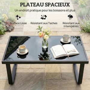 Table Basse de Jardin Rectangulaire, Pieds Incurvés, Plateau en Verre Trempé, Table d'Appoint pour Terrasse Balcon Jardin, 90x45x33cm, Noir