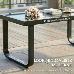 Table Basse de Jardin Rectangulaire, Pieds Incurvés, Plateau en Verre Trempé, Table d'Appoint pour Terrasse Balcon Jardin, 90x45x33cm, Noir
