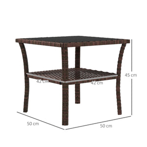Table d'appoint de jardin en résine tressée 2 niveaux, 50 x 50 x 45 cm, table basse de jardin carrée avec plateau en verre trempé, structure en acier galvanisé pour extérieur, marron