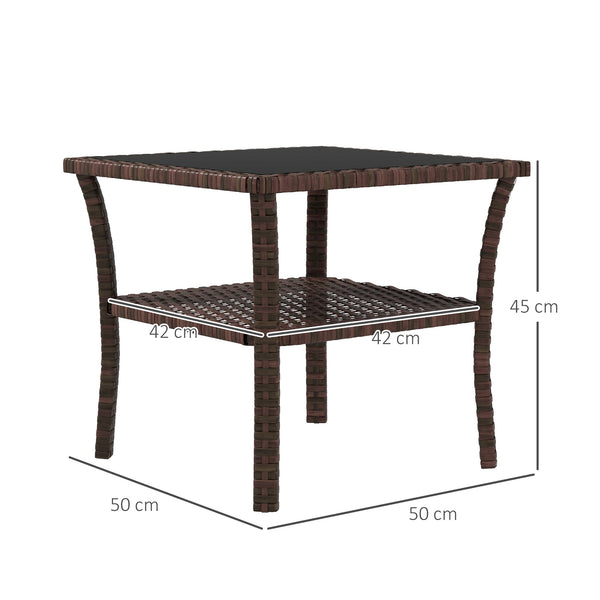 Table d'appoint de jardin en résine tressée 2 niveaux, 50 x 50 x 45 cm, table basse de jardin carrée avec plateau en verre trempé, structure en acier galvanisé pour extérieur, marron