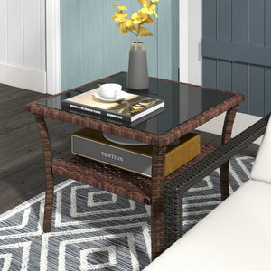 Table d'appoint de jardin en résine tressée 2 niveaux, 50 x 50 x 45 cm, table basse de jardin carrée avec plateau en verre trempé, structure en acier galvanisé pour extérieur, marron
