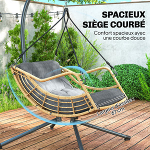 Fauteuil suspendu en résine tressée avec support, chaise suspendue, chaise hamac balançoire, coussin et attache de sécurité, hauteur réglable, cadre en acier, intérieur et extérieur, gris