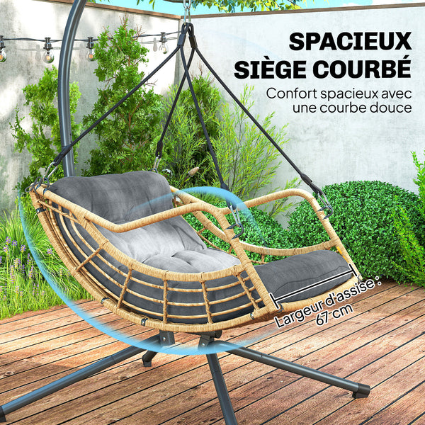 Fauteuil suspendu en résine tressée avec support, chaise suspendue, chaise hamac balançoire, coussin et attache de sécurité, hauteur réglable, cadre en acier, intérieur et extérieur, gris