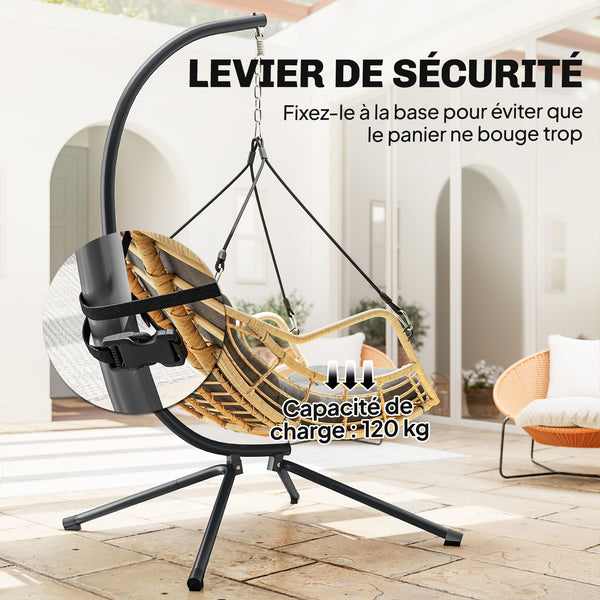 Fauteuil suspendu en résine tressée avec support, chaise suspendue, chaise hamac balançoire, coussin et attache de sécurité, hauteur réglable, cadre en acier, intérieur et extérieur, gris