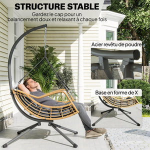 Fauteuil suspendu en résine tressée avec support, chaise suspendue, chaise hamac balançoire, coussin et attache de sécurité, hauteur réglable, cadre en acier, intérieur et extérieur, gris