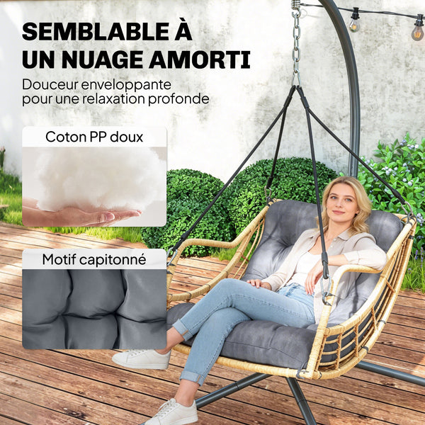 Fauteuil suspendu en résine tressée avec support, chaise suspendue, chaise hamac balançoire, coussin et attache de sécurité, hauteur réglable, cadre en acier, intérieur et extérieur, gris